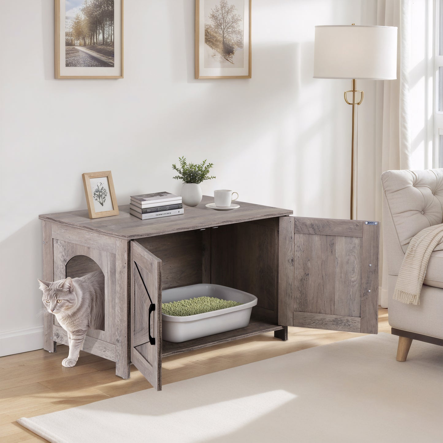 Cat Litter Box Enclosure Hidden Litter Box Furniture Washroom Storage Cabinet