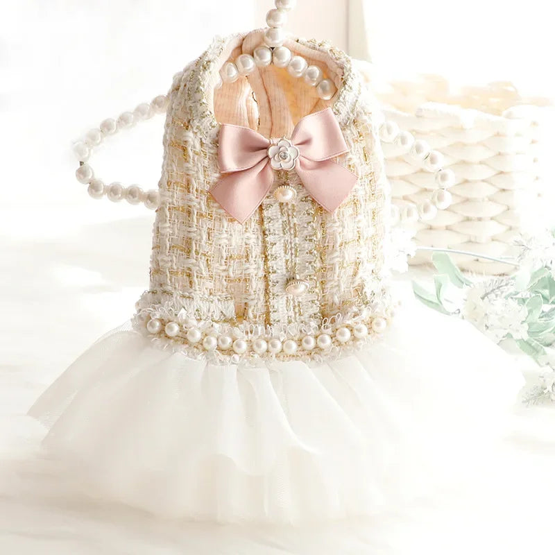 Dog Clothes Autumn and Winter Clothes Cat Princess Tutu Skirt Woolen Pearl Small Dog Pet Dog Dress Cat Mesh Skirt Dog Clothes