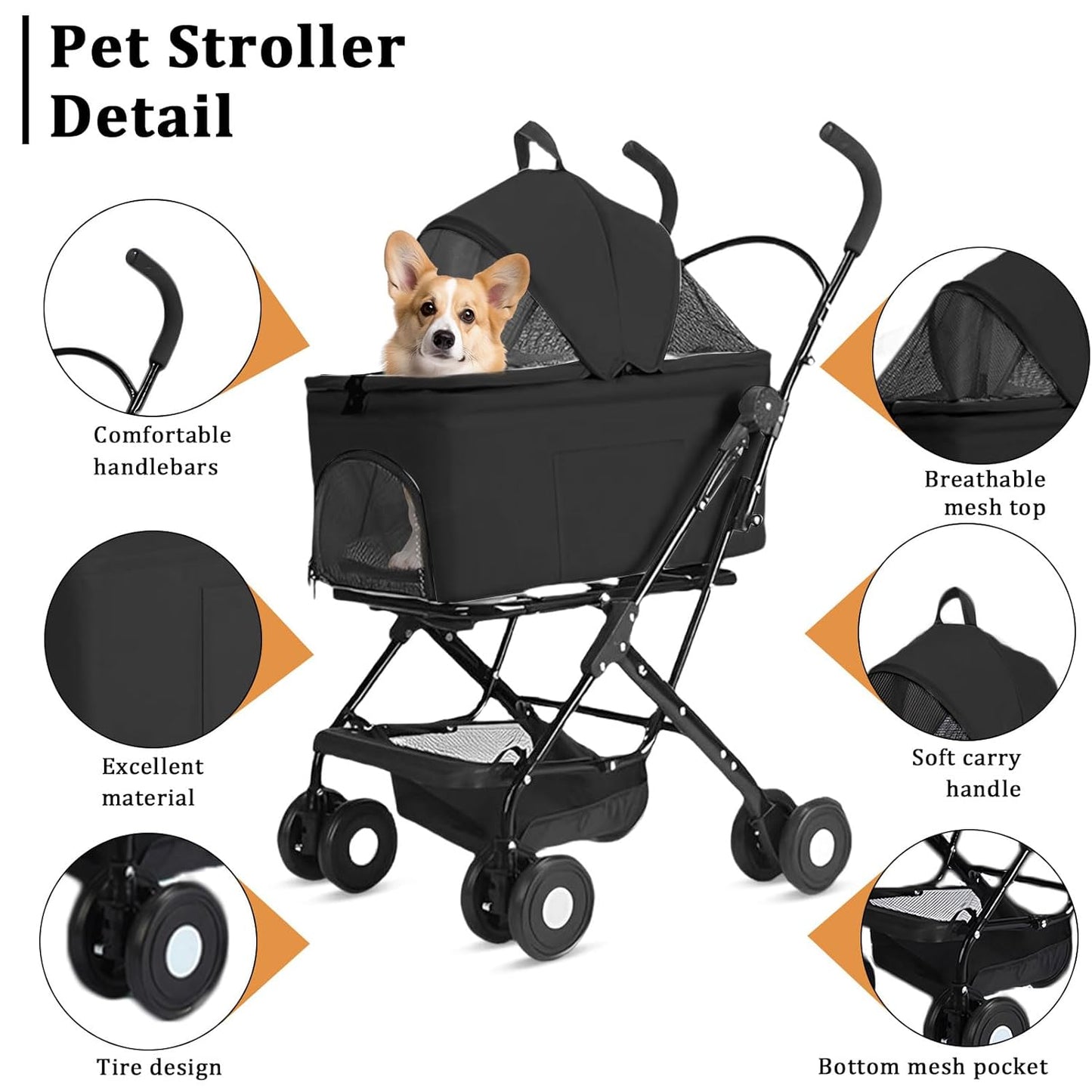 3 in 1 Dog Strollers 4 Wheels Folding Pet Stroller with Detachable Carrier Multifunction Portable Dogs Travel Carriers for Medium Small Puppy Kittens (Black)