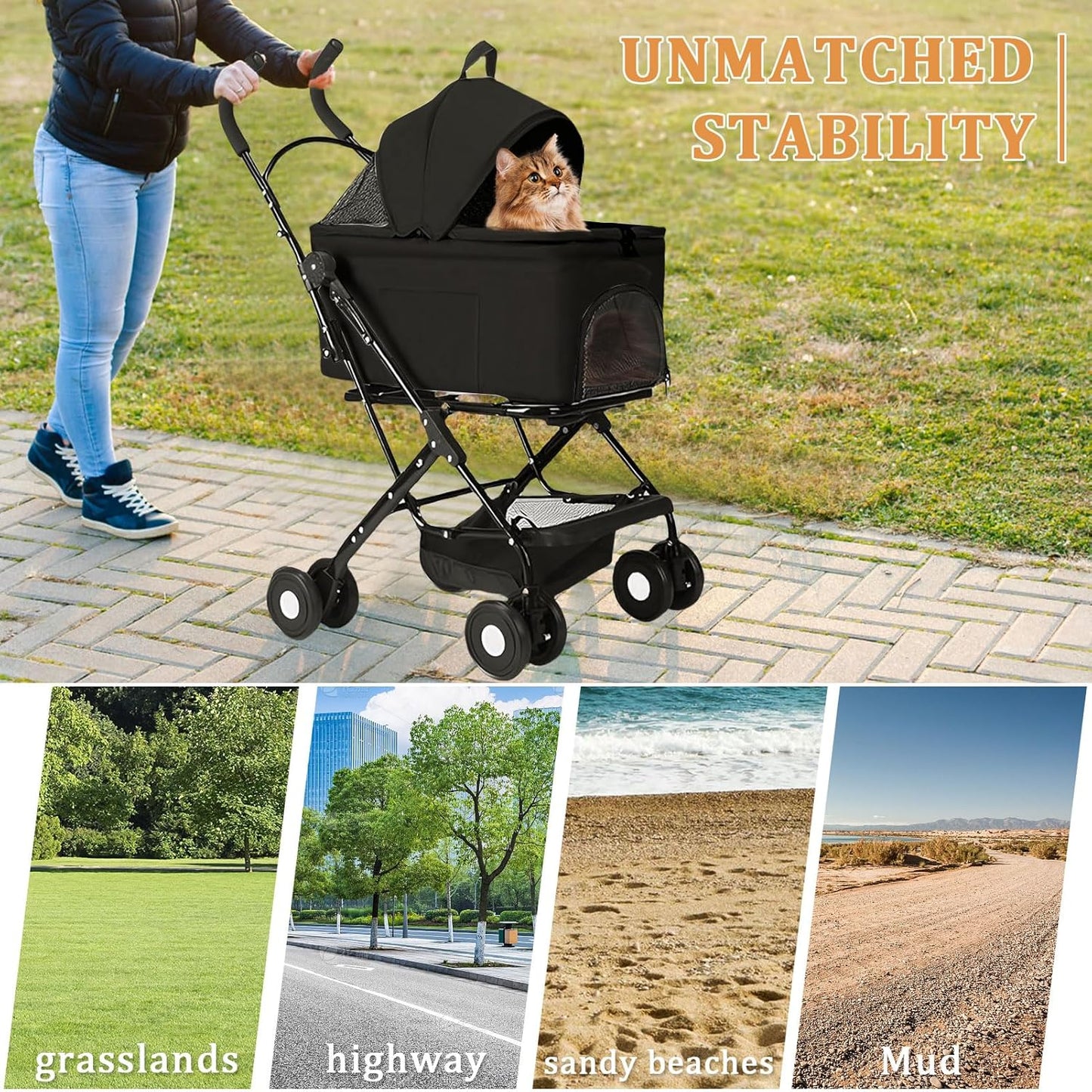 3 in 1 Dog Strollers 4 Wheels Folding Pet Stroller with Detachable Carrier Multifunction Portable Dogs Travel Carriers for Medium Small Puppy Kittens (Black)