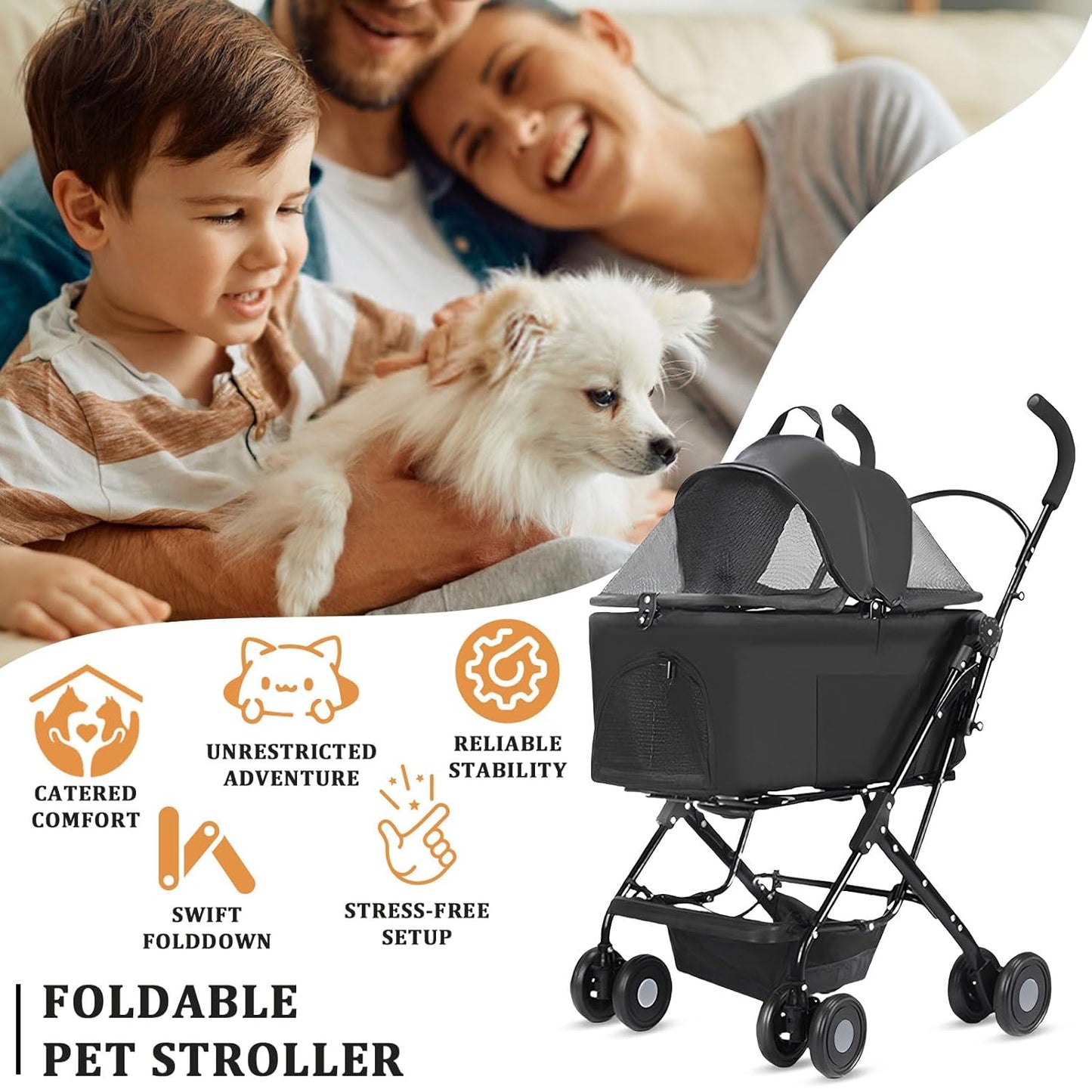 3 in 1 Dog Strollers 4 Wheels Folding Pet Stroller with Detachable Carrier Multifunction Portable Dogs Travel Carriers for Medium Small Puppy Kittens (Black)