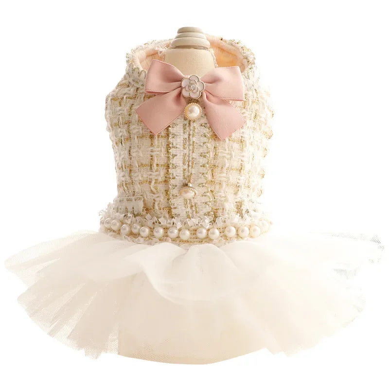 Dog Clothes Autumn and Winter Clothes Cat Princess Tutu Skirt Woolen Pearl Small Dog Pet Dog Dress Cat Mesh Skirt Dog Clothes