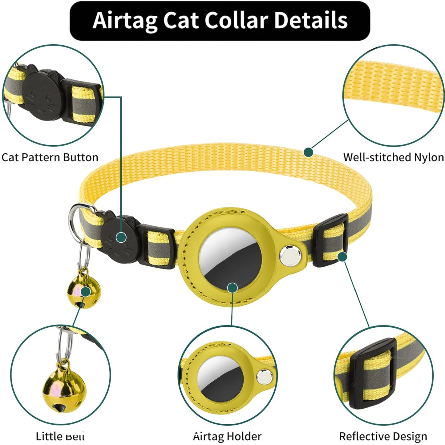Cat Collar for Airtag Tracker, Reflective GPS Cat Collar with Luminous Holder, Cat Tracker Collars with Safety Elastic Band for Cats, Kittens and Puppies 9-13 Inch