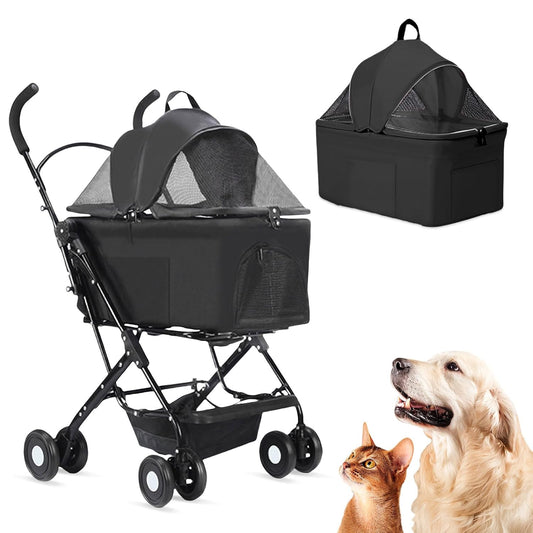 3 in 1 Dog Strollers 4 Wheels Folding Pet Stroller with Detachable Carrier Multifunction Portable Dogs Travel Carriers for Medium Small Puppy Kittens (Black)
