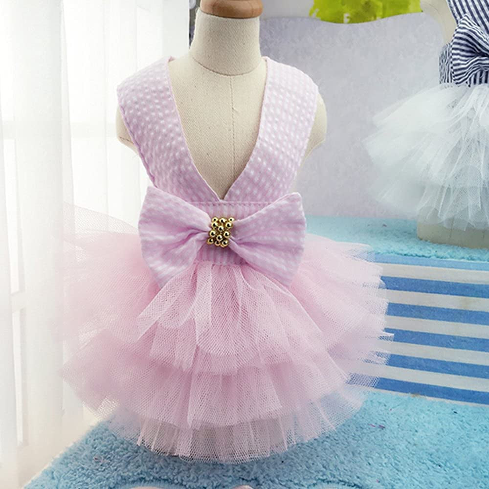 Dog Dresses, Fashion Pet Dog Clothes, Striped Mesh Puppy Dogs Princess Dresses (Pink, Small)