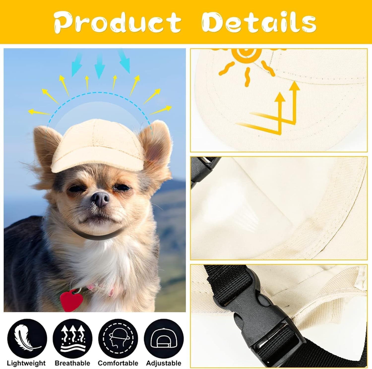 Dog Hat Summer Dog Baseball Cap Pet Puppy Visor Hats Sunbonnet Outfit with Ear Holes Doggy Cat Goggles for Small Medium Breed (Beige Hat, Medium)