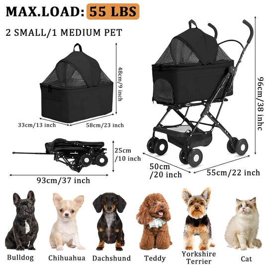 3 in 1 Dog Strollers 4 Wheels Folding Pet Stroller with Detachable Carrier Multifunction Portable Dogs Travel Carriers for Medium Small Puppy Kittens (Black)