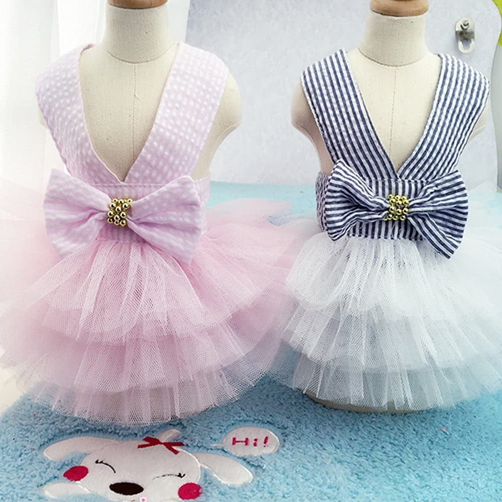 Dog Dresses, Fashion Pet Dog Clothes, Striped Mesh Puppy Dogs Princess Dresses (Pink, Small)
